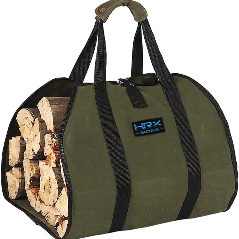 Waxed Canvas Firewood Bag Carrier, Water Resistant Log Tote Wood Carrying Bag Wi